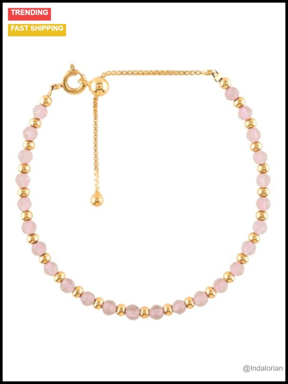 Rose Quartz Bolo Bracelet 14K Gold Plated Adjustable Slider Charm Women Gift